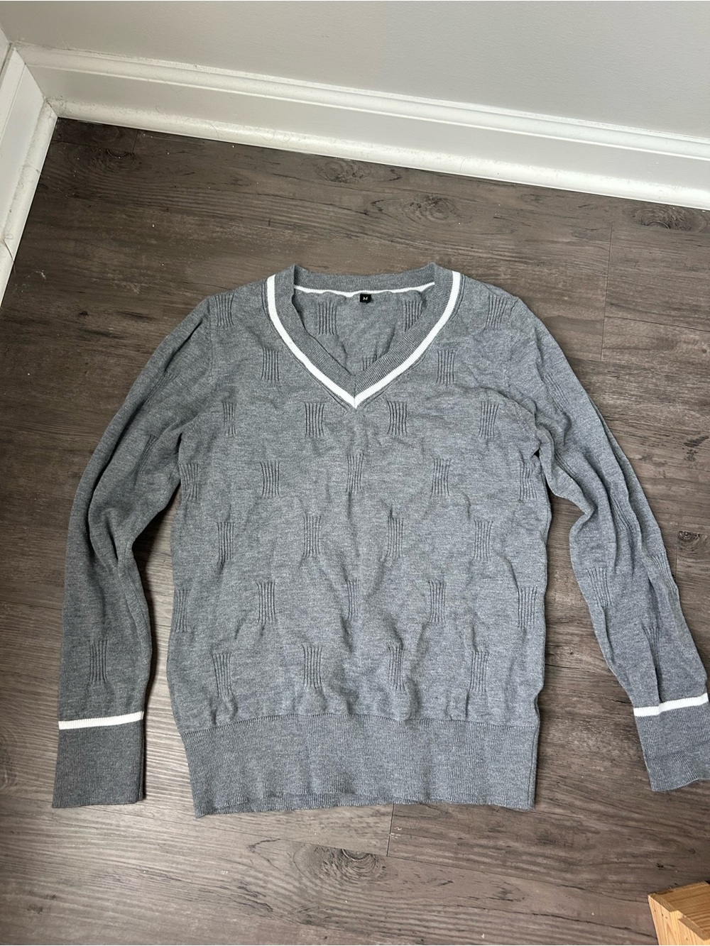 Gray V-Neck Preppy Sweater with White Trim